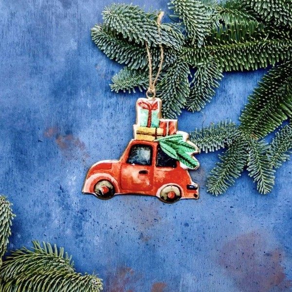 Petite Voiture avec Sapin - Pendentif Vintage en Fer-Blanc pour Noël » Clo'eT Design
