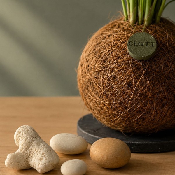 Kokedama SUGAR + PIKA sprinkler with Chamaedorea elegans » Clo’eT Design