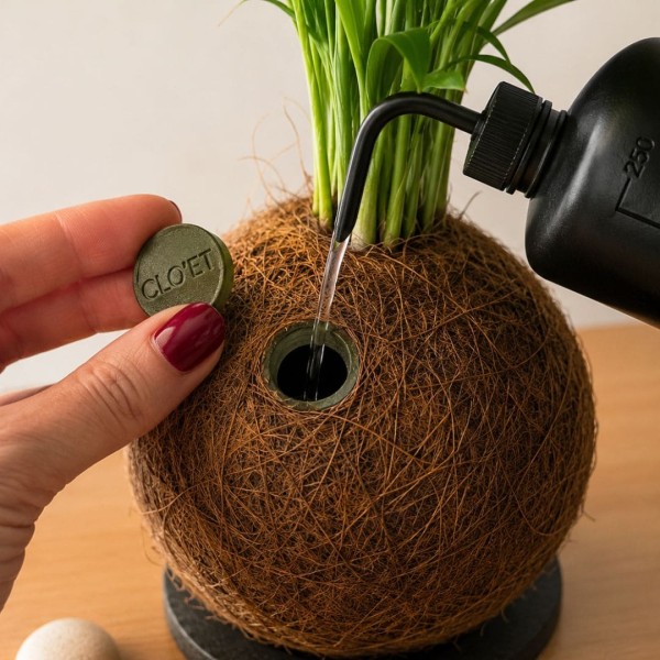 Kokedama ZUCCHERO + PIKA Bewässerungsgerät mit Chamaedorea elegans » Clo’eT Design